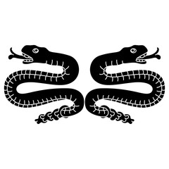 Symmetrical animal design with two wriggling rattle snakes from Aztec codex. Native American art of ancient Mexico. Black and white negative silhouette.