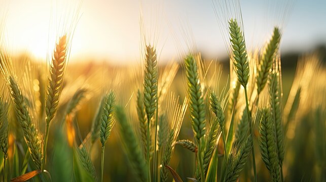 Green wheat field under golden sunlight in a close-up shot. Generative AI