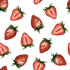 Seamless pattern with fresh and juicy strawberries and strawberry halves isolated on white background, hand drawn watercolor illustration. Ideal for background, fabric and textile, postcard, packaging