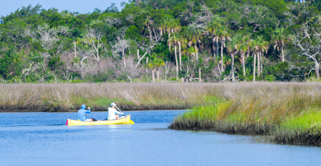 man and woman canoeing in salt marsh water habitat with blue water, palm trees in background and cord needle and saw grass along the edges of the waterway.  Florida, United States - July 22, 2023