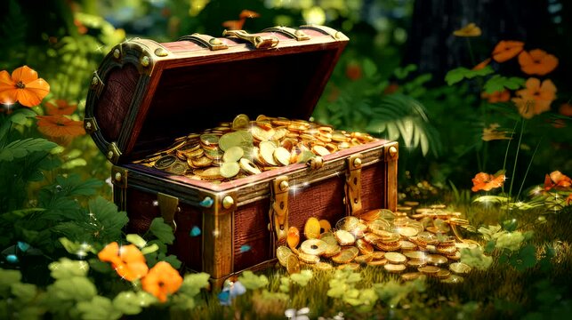 Wooden treasure chest anime background gold coin with flowers in garden video footage beautiful view background looping scenery 4k quality