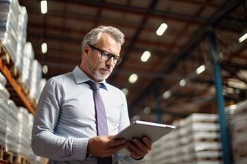Portrait of an accountant in warehouse. Businessman standing in his fabric warehouse and working with tablet PC.