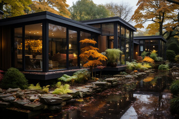 Obraz premium modern cabin in the woods in autumn, beautiful exterior big windows, modern backyard garden luxury cozy