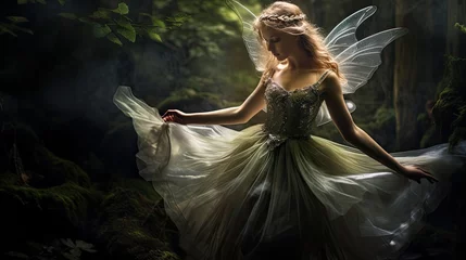 Foto auf Acrylglas Feenwald Mystical magical dancing forest fairy. AI generated image.
