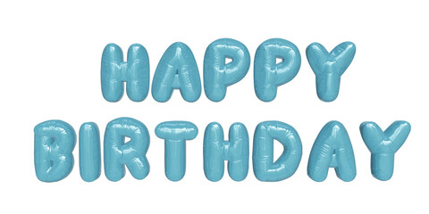 Illustration of "Happy Birthday" phrase in blue/cyan glossy plastic balloon font. Fun decoration for party social media. Realistic 3D graphic resource. Summer colors.