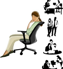 Business Marketing illustrations, business icons set. Collection of scenes with women taking part in business activities. Flat vector illustrations isolated on white background.