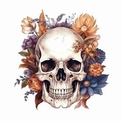 Skull with flowers retro illustration for halloween