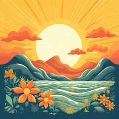 nature scenery with sun in illustration style