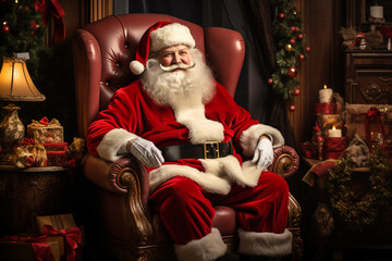 traditional Santa Claus sitting in his arm chair in a Christmas decorated living room - obrazy, fototapety, plakaty