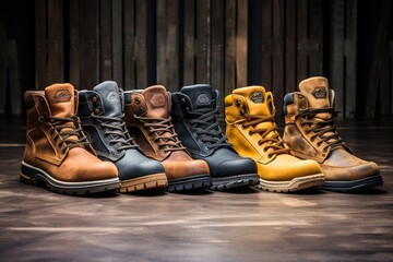 A line of work boots in different sizes and colors