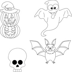 Outline Halloween clipart set contains a ghost, witch hat, cat, spider, candy, skull, bat, spells, and pumpkin