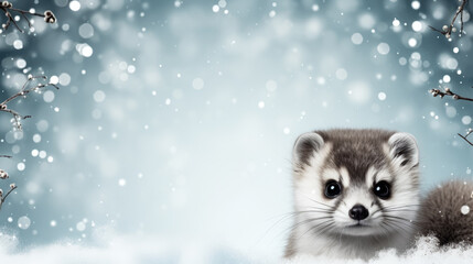 Ermine on snow background with empty space for text 