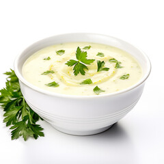 Hearty and creamy potato leek soup isolated on white background 