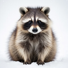 Raccoon in winter isolated on white background 