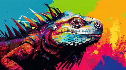Obraz premium Iguana head illustration in abstract mixed grunge colors digital painting in minimal graphic art style. Digital illustration generative AI.
