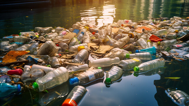 Lot of plastics gabage floating in the river. Concept of water pollution, enviroment problem, dirty water and contamination. Digital illustration generative AI.