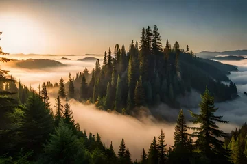 Wall murals Forest in fog sunrise in the mountains generated ai