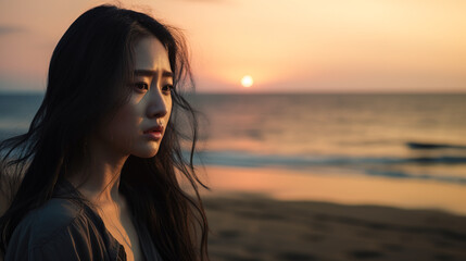 Fototapeta premium Lonely sad Asian woman crying on the beach during sunset. Digital illustration generative AI.