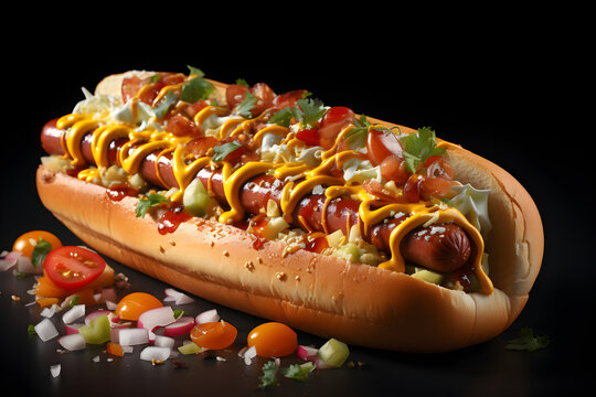 Classic hot dog with ketchup and mustard. 3D illustration digital art design