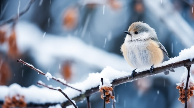 Snowy chickadee on snow background with empty space for text 