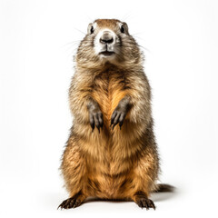 Winter alpine marmot isolated on white background 