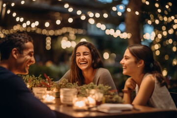 Create a heartwarming photo of friends and family laughing and enjoying delicious grilled treats, with bokeh lights in the background adding a touch of enchantment to the celebrati Generative AI