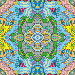 Hand drawn seamless graphic pattern, colorful artistic background with floral and geometric elements. Doodle ethnic mandala ornament for textile fabric, paper print. Surface texture 
