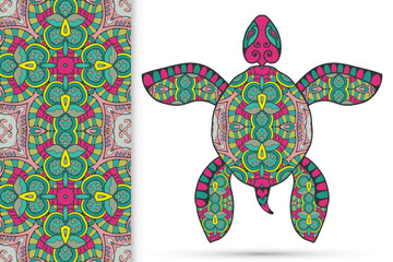 Decorative doodle turtle with ornament and colorful seamless hand drawn pattern. Tribal totem animal, isolated element for scrapbook, invitation card, book cover design, textile fabric print