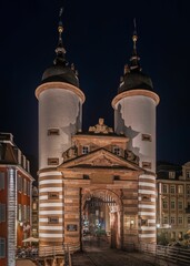 Scenic view of Heidelberg Old Bridge gate (Karl Theodor Bridge) at night, Germany