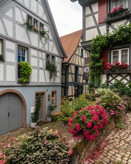 Fototapeta na wymiar Vertical shot of Typical half-timbered houses lined along a pedestrian street in Germany