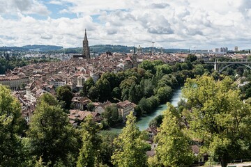 Scenic aerial view of Bern's old town seen from Rose Garden viewpoint, Switzerland.