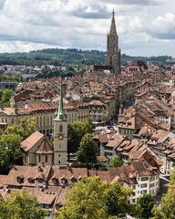 Fototapeta premium Scenic aerial view of Bern's old town seen from Rose Garden viewpoint, Switzerland.