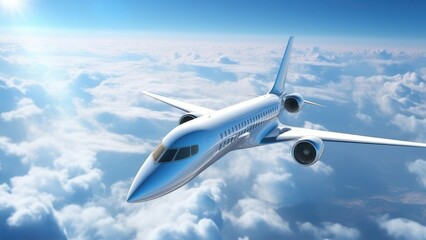 Fototapeta na wymiar Modern futuristic supersonic passenger jet over clouds
