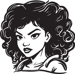 Vector design of a minimalistic woman with long, dark, curly hair with white background