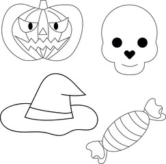 Outline Halloween clipart set contains a ghost, witch hat, cat, spider, candy, skull, bat, spells, and pumpkin