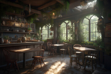 Interior of desolate fairy forest cafe