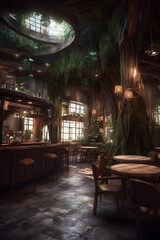 Obraz na płótnie Canvas Interior of desolate fairy forest cafe