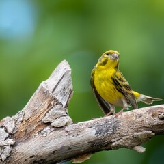 Closeup of an Atlantic canary (Serinus canaria) perched on a branch of a tree