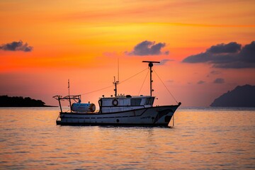 Obraz premium Large fishing boat is silhouetted against a stunning sunset