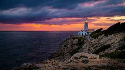 Fototapeta na wymiar Lighthouse situated atop a rocky cliff in Mallorca