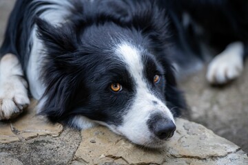 Black and white Border Collie dog is lying on the ground, looking directly at the camera