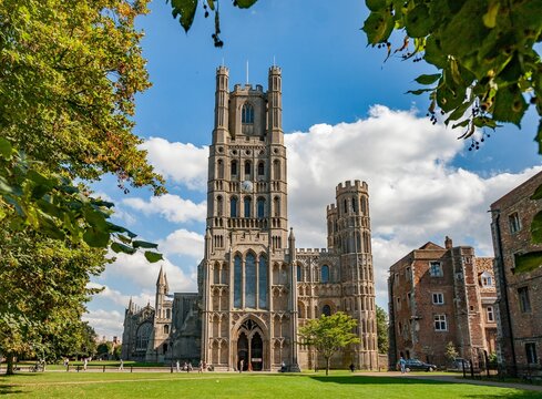A closeup of old, historical Ely cathedral Cambridgeshire on a sunny day under the blue sky