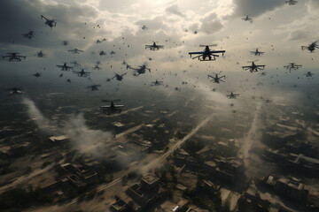 drone war - many military copter drones above middle-eastern city battlefield at daytime, neural network generated image