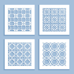 Templates for laser cutting, plotter cutting, printing. Square line patterns set. Geometric design cut out of paper. Mandala Islamic die cut ornament. Fretwork panels, cutout silhouette stencils