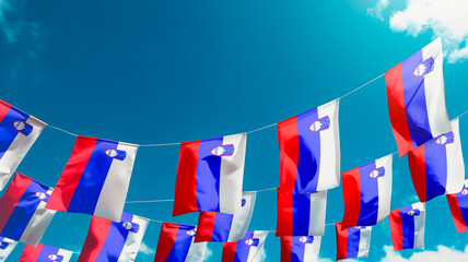 Flag of Slovenia against the sky, flags hanging vertically