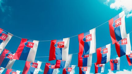 Flag of Slovakia against the sky, flags hanging vertically
