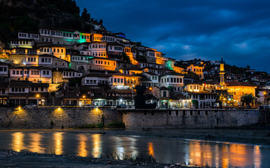 night view at historic city of Berat in Albania, World Heritage Site by UNESCO