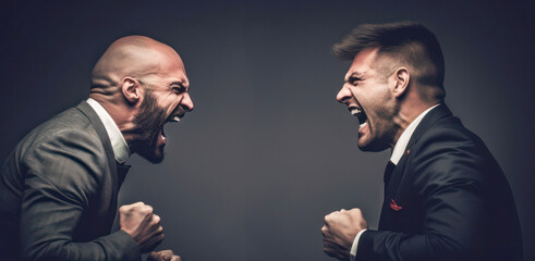 Two businessmen facing each other, with aggressive facial expressions, on a dark background, copy space - obrazy, fototapety, plakaty