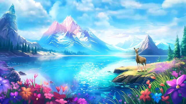 Anime background video beautiful view of paradise fantasy island with rainbow, lake, mountain,  footage looping scenery 4k quality