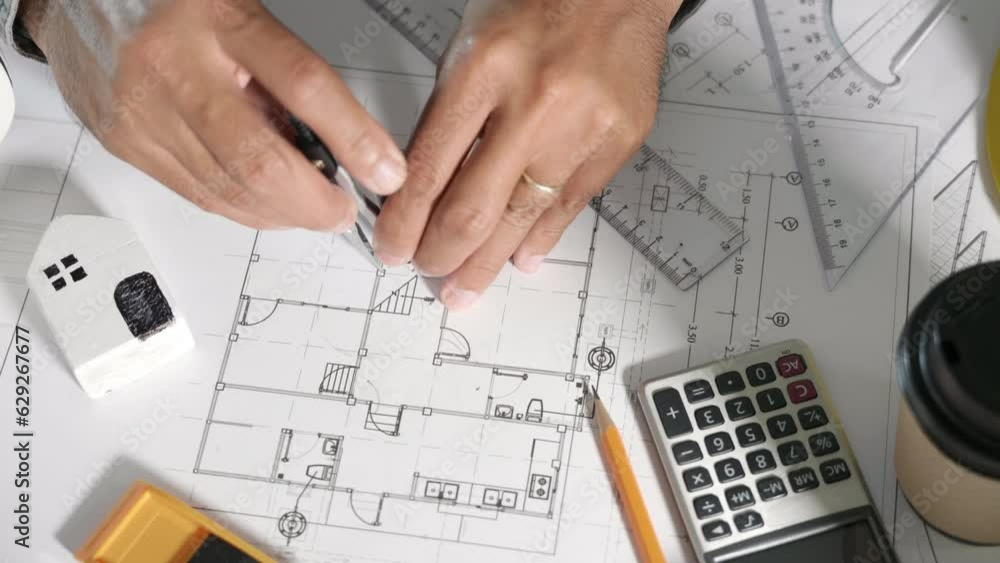 Poster architect workplace. architectural building design and construction plans with blueprints paper proj